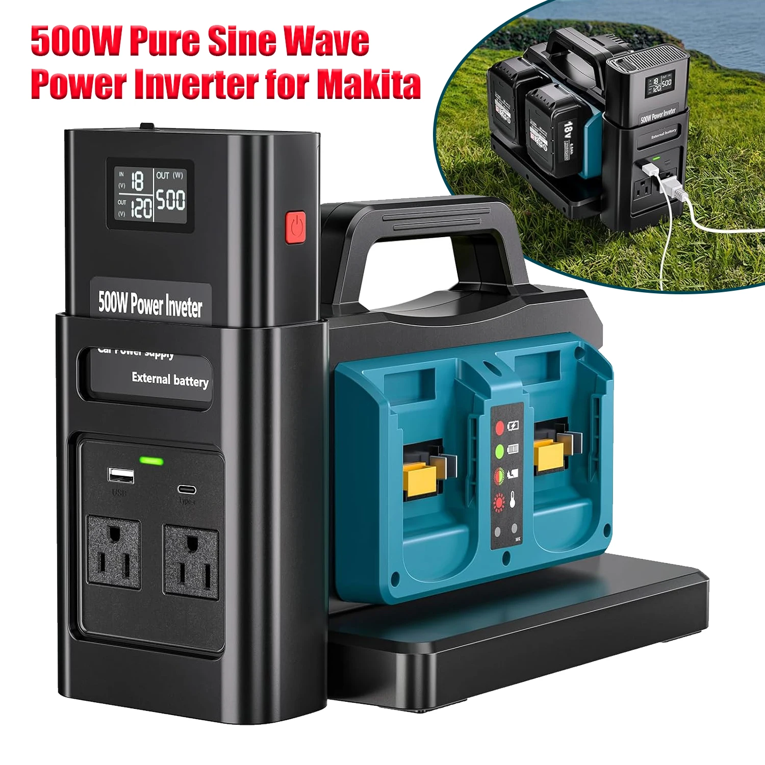 NEUER Stromwechselrichter AC120V/220V für Makita 18V Akku mit USB Typ-C DC Zigarettenanzünder-Anschluss Ausgang Outdoor-Stromstation Image