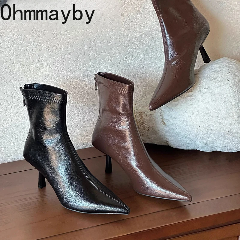 Spitze Stiefeletten mit Hohem Absatz für Damen, Moderne Knöchelstiefel, Modische Weiche Leder-Stiefeletten für Frühling und Herbst, Schlichte Damenschuhe