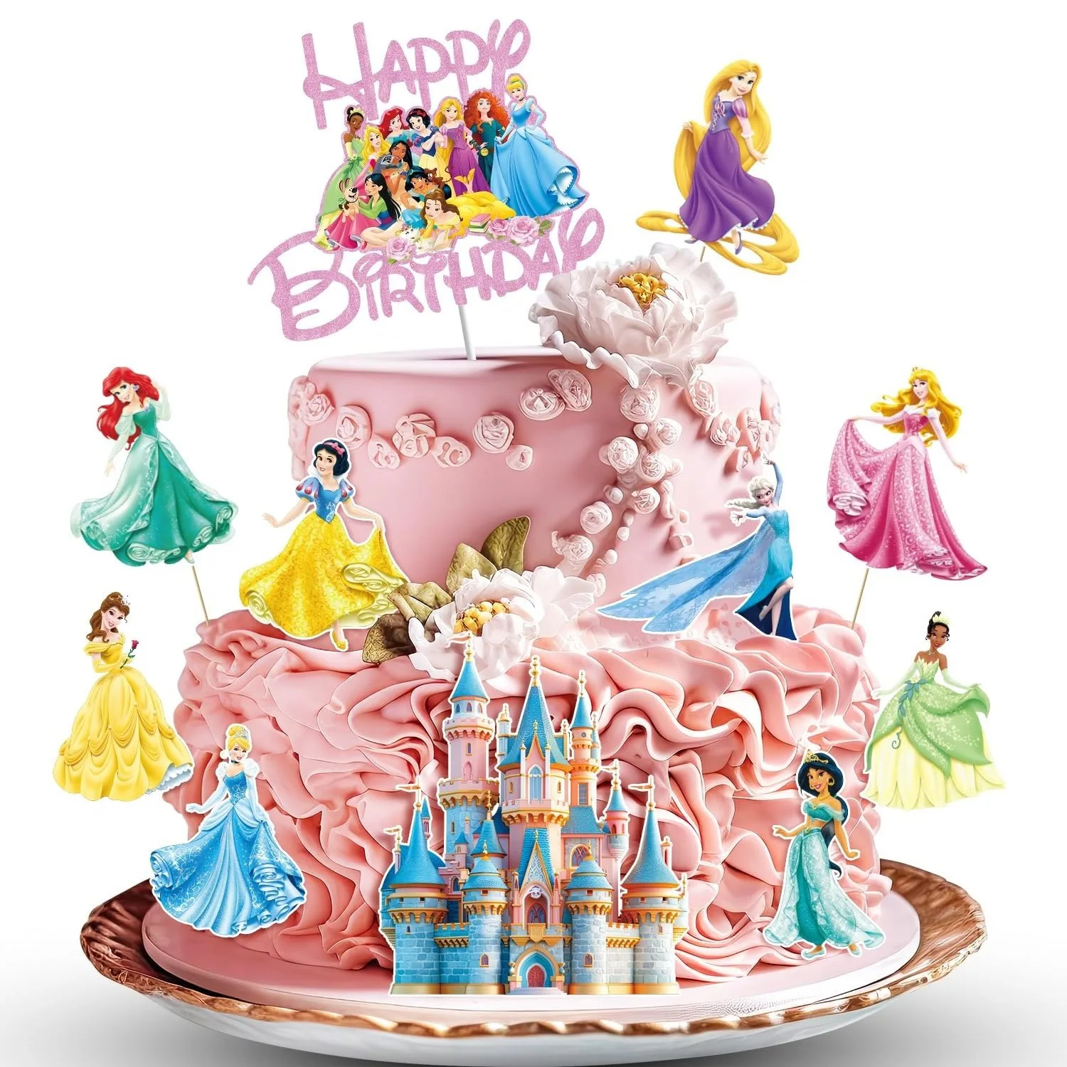 11 Stück Disney Seventh Princess Kuchendeckel Schloss Rosa Glitzer Prinzessin für Kinder Mädchen Happy Birthday Party Babyparty-Versorgung Image