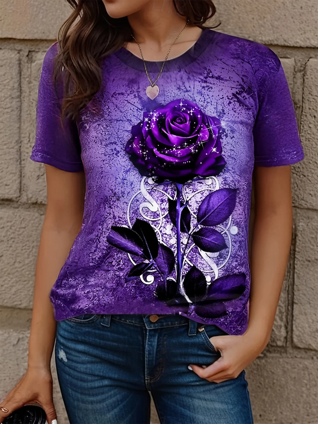 2026 Modisches Neues Lila Rosen 3D-Druck T-Shirt Lässiger Punk Urban Style Charm Unlimited Hip Hop Atmungsaktives Streetwear T-Shirt