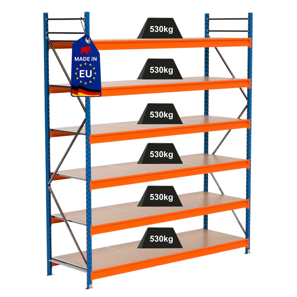 PROREGAL Industrie Schwerlastregal MAXIMUS PRO, Grundregal, HxBxT 300x250x80cm, 6 Ebenen, Spanplatten-Fachboden, Fachlast 530 kg, Blau/Orange Image
