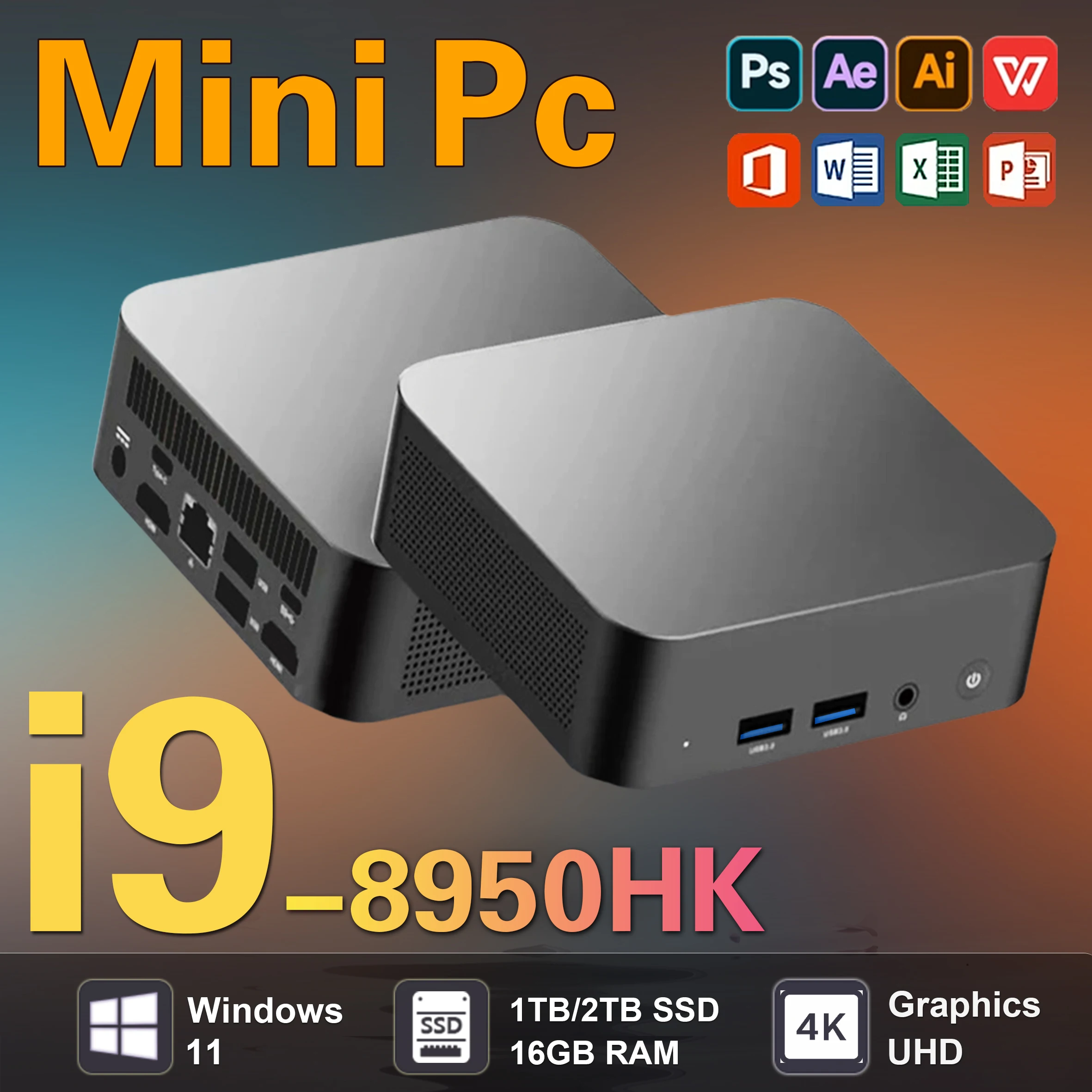 2026 Mini-PC Windows 11 Core i9 8950HK Prozessor UHD-Grafik Kleiner Taschencomputer WiFi6 1 TB NVMe SSD Tragbarer Gaming-Computer