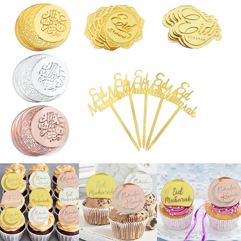 5 Stück Eid Mubarak Kuchenaufsatz Ramadan Kuchendekoration Acryl Backzubehör Cupcake-Topper für Islamische Muslimische Festlichkeiten Image