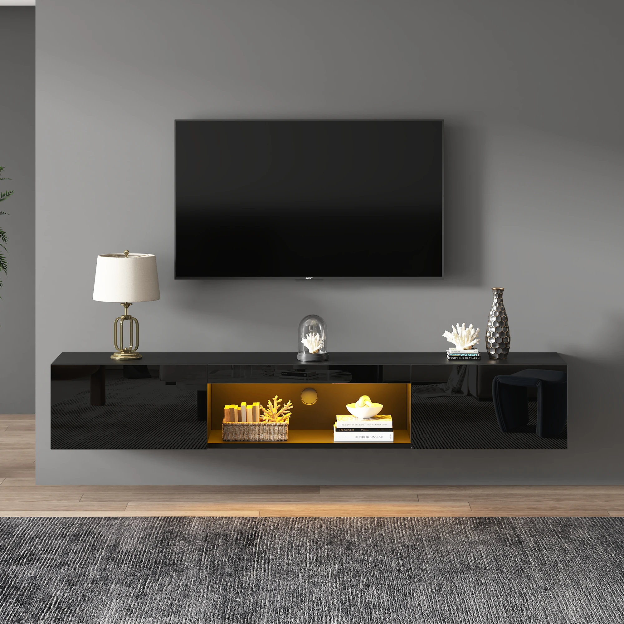 160*31*22cm Hochglanz-TV-Ständer und TV-Schrank zur Wandmontage mit LED-Beleuchtung, Lowboard, TV-Tisch, TV-Board, TV-Kommode, Wandmontage Image
