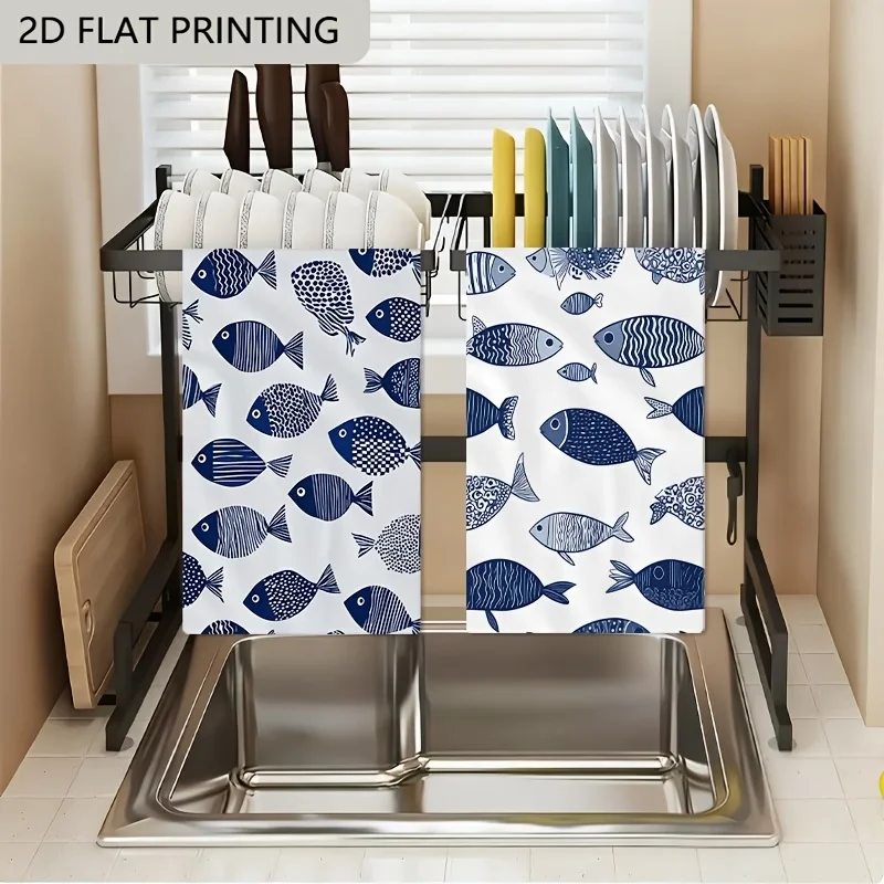 2er-Pack blaue Fisch-Küchentücher, Geschirrtücher, Handtücher, festliche dekorative Handtücher, weiche, saugfähige Trockentücher, Küchendekoration, Tischdekoration, Küchenbedarf, Heimdekoration Image