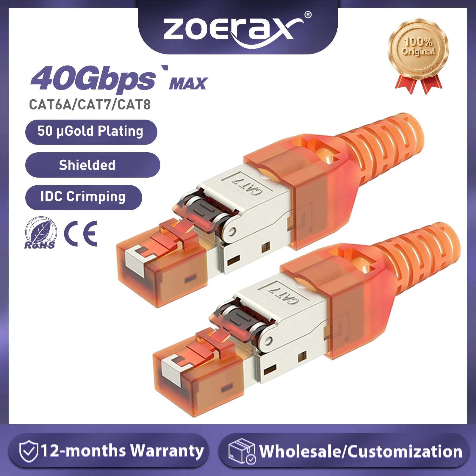 ZoeRax RJ45-Steckverbinder Cat6A CAT7 CAT8 Werkzeugloser, abgeschirmter RJ45-Stecker, Metallgehäuse aus Zinklegierung Image