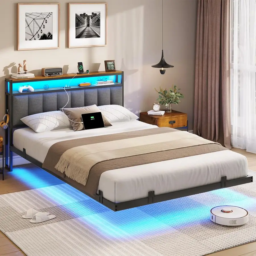 Polsterbett 140 x 200 cm mit Ladestation und LED-Beleuchtung, Doppelbettgestell mit Stauraum, Kopfteil und Lattenrost Image