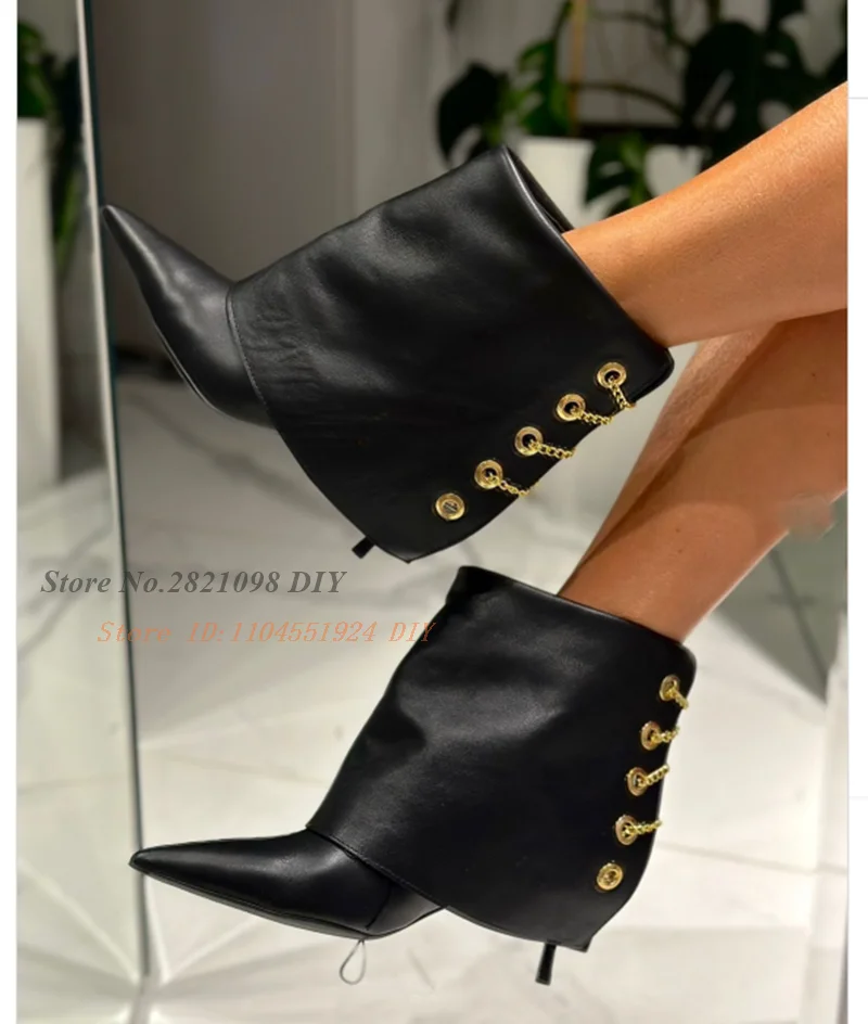 Gold Metall Ketten Schwarz Leder Hai Stiefel Spitze Zehen Sexy High Heel Schuhe Große Größe Stiefeletten Frauen Luxus Designer Booties