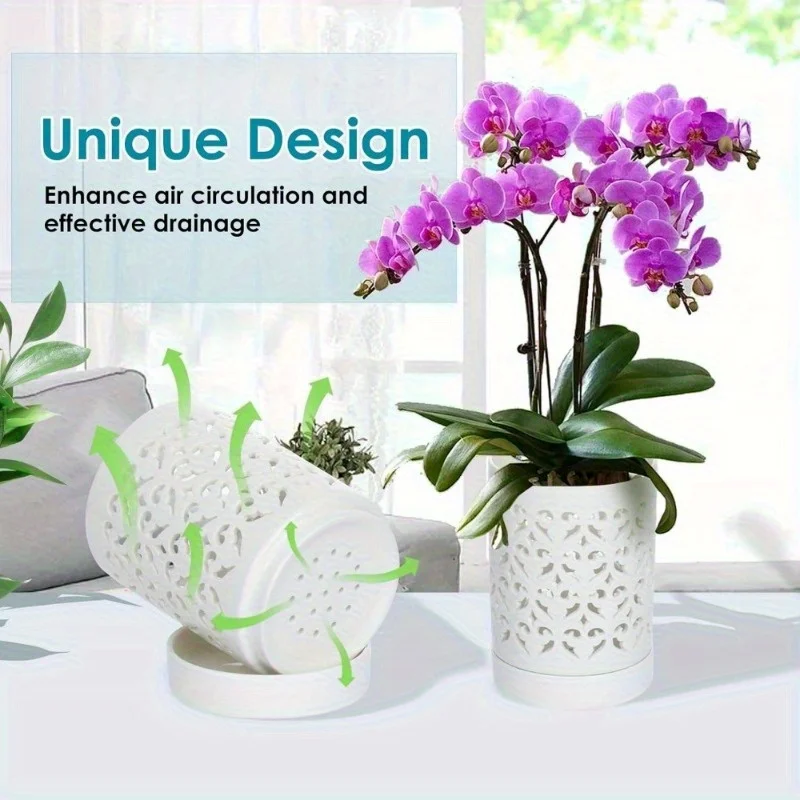 Retro-Ochideentopf aus Keramik mit geometrischem Muster, atmungsaktiv, mit Ablauflöchern und leichtem Tablett und zum Pflanzen geeignet Image