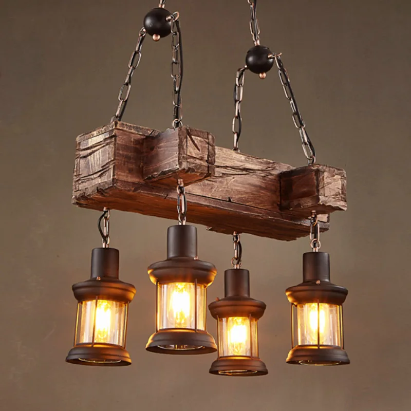Retro American Style Restaurant Bar Zweig Kronleuchter Boot Holz Antik 4-Kopf Glas Pendelleuchte Schlafzimmer Droplight