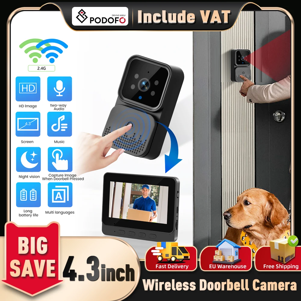Podofo Tuya Kabellose Türklingel-Set für den Heimgebrauch mit Sicherheitskamera, WLAN, Cloud-Speicher, Gegensprechanlage, Nachtsicht und IP65 Wasserschutz Image