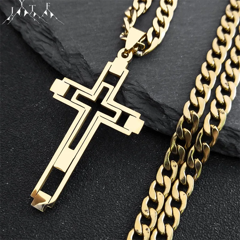 Hip-Hop-Kreuz-Halskette aus Edelstahl, goldfarben, lange Anhänger-Halskette für Damen und Herren, christlicher Schmuck, Collier Homme Image