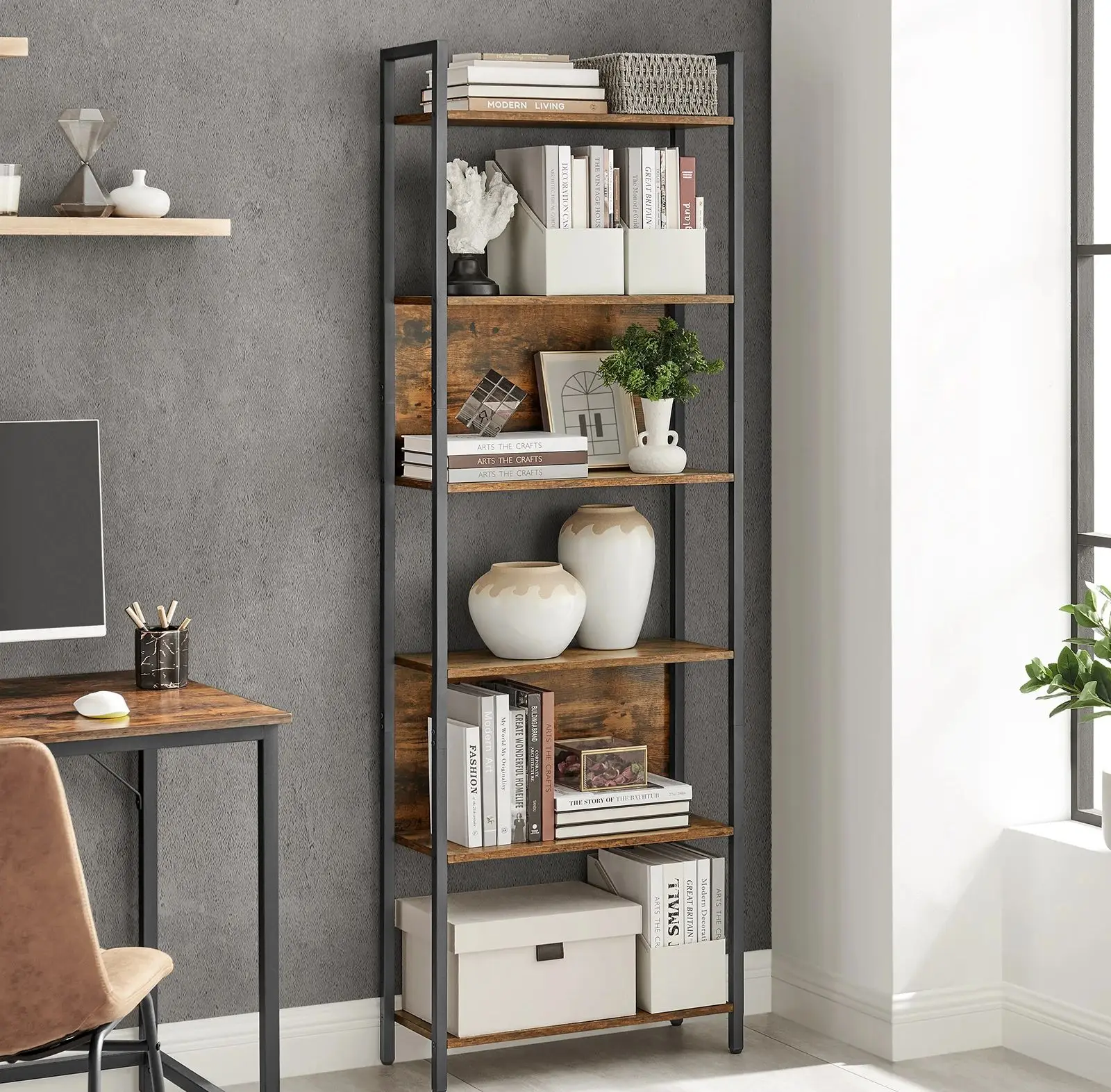 VASAGLE Standregal, Bücherregal mit 6 Ebenen, Aufbewahrungsregal, einfache Montage, braun-schwarz