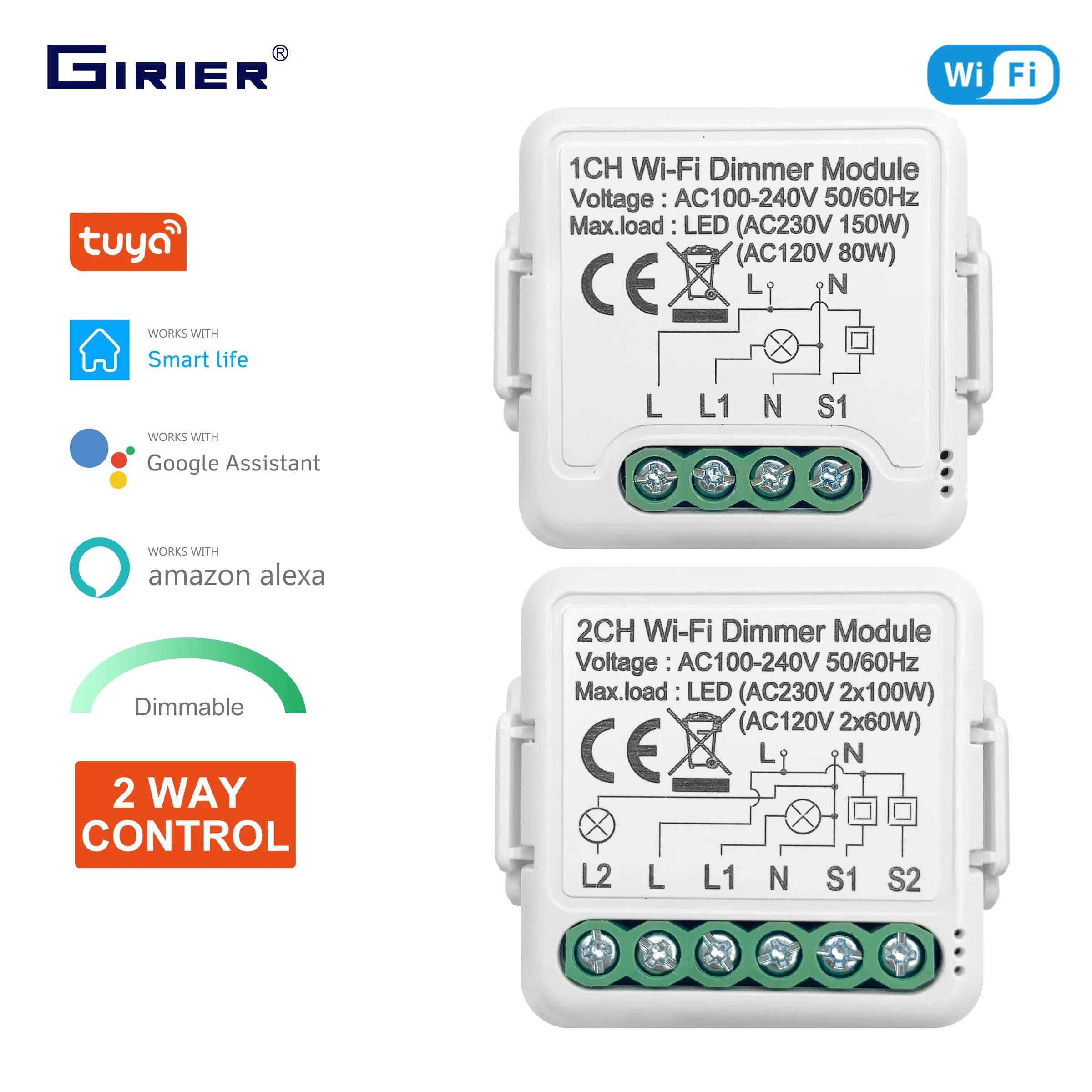 GIRIER Tuya Wifi Smart Dimmer Schalter Modul 10A Unterstützung 2 Weg Steuerung Dimmbare Licht Schalter 1 2 Gang Arbeit mit Alexa Google Hause Image