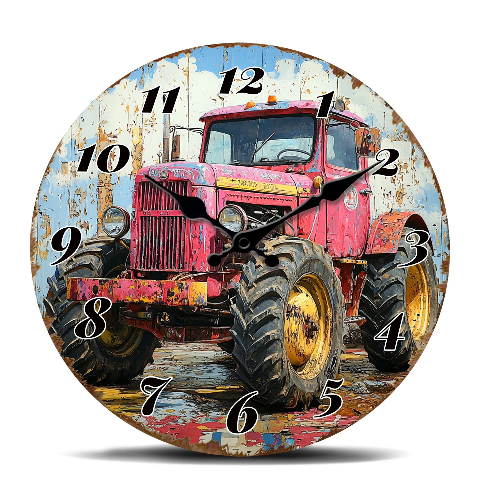 Vintage rote Traktor-Wanduhr, rustikale dekorative runde Uhr für landwirtschaftliche Fahrzeuge, dekorative Uhr im Used-Look-Stil für Garagenmann