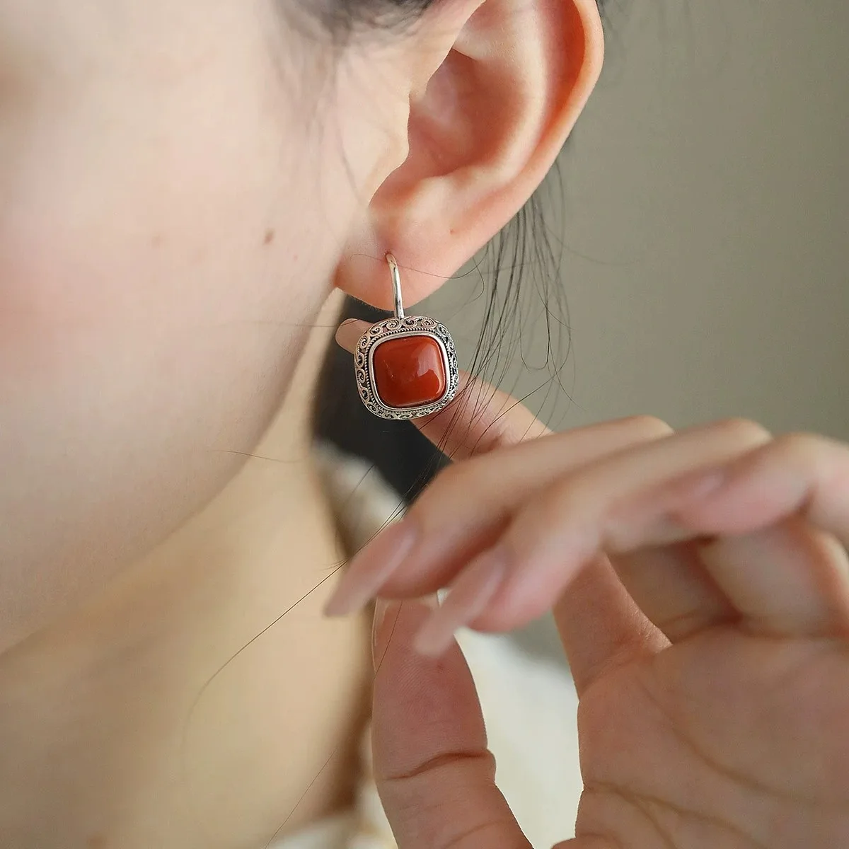 Vintage-Ohrringe aus 925er-Silber, Tanggras, verheißungsvolle Wolke, geprägt, gelb und rot, quadratische Ohrringe, Honigwachs-Ohrringe für Damen, Schmuck