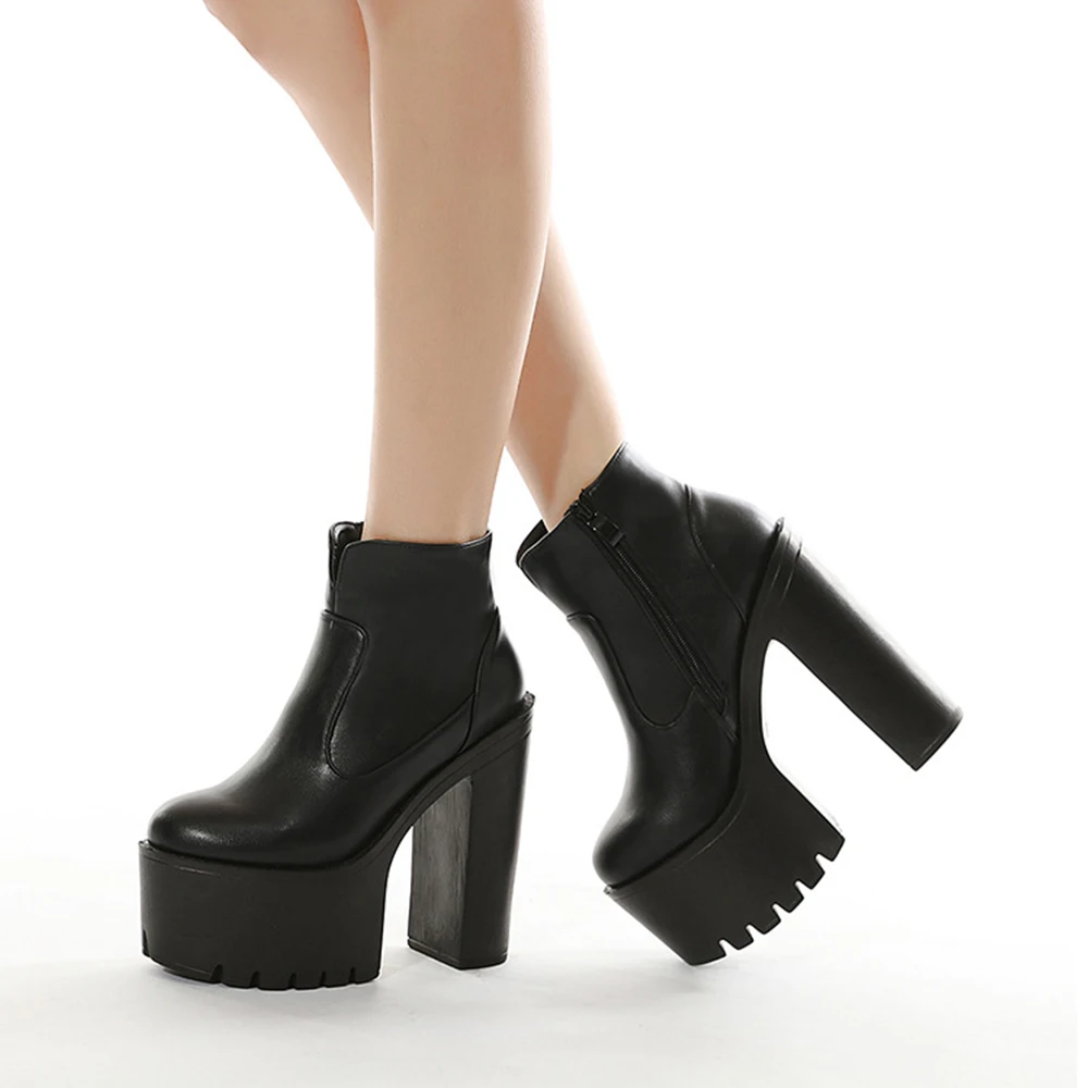 Gdgydh Damen-Stiefel mit Blockabsatz, modisch, seitlicher Reißverschluss, Plateau-Kurzstiefel, Kunstleder, High-Heels, Schuhe, Frühling und Herbst, Weiß Image