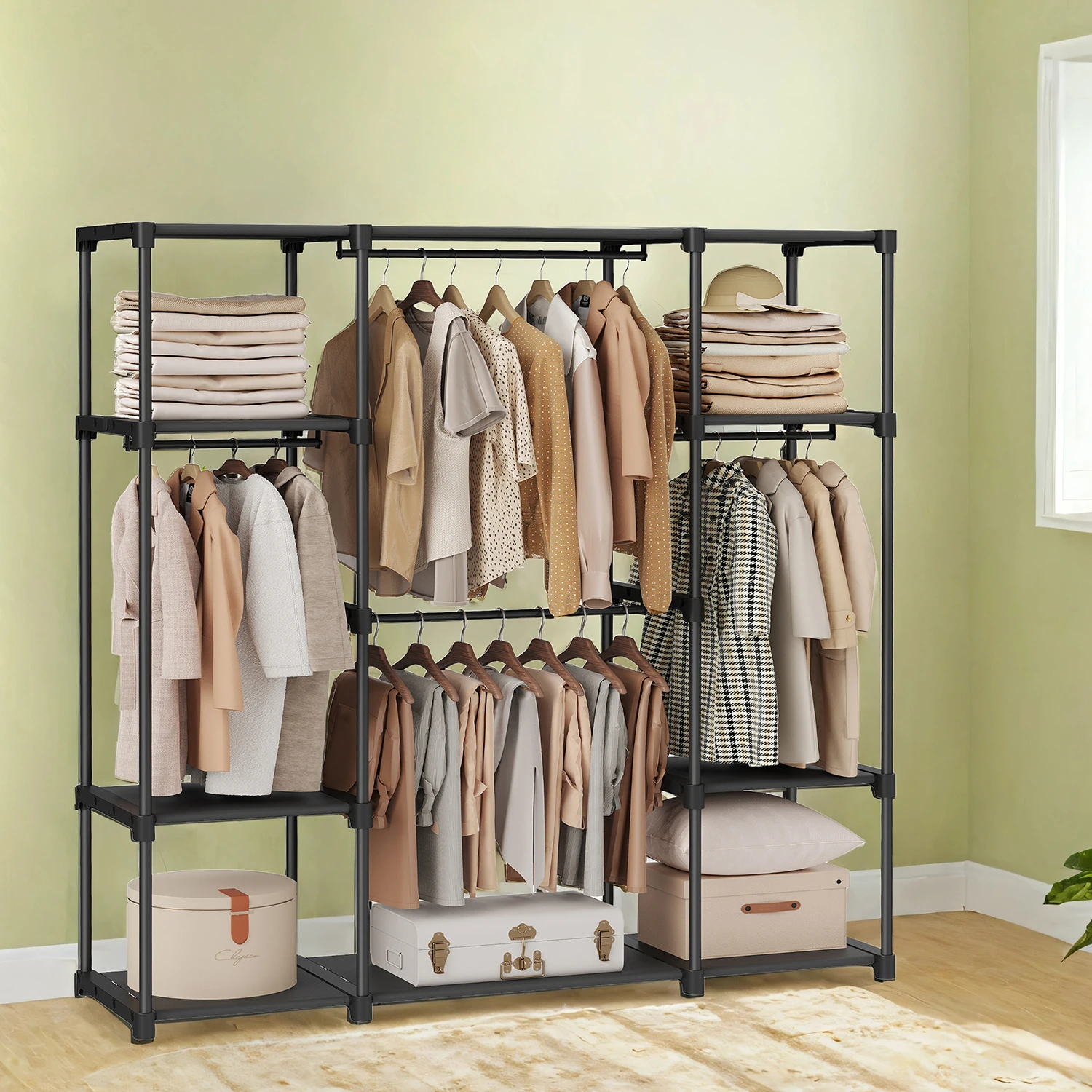 SONGMICS Kleiderschrank offen, Kleiderständer, Kleiderstange, Garderobe, 43 x 151 x 166 cm, 4 Hängefächer, schwarz