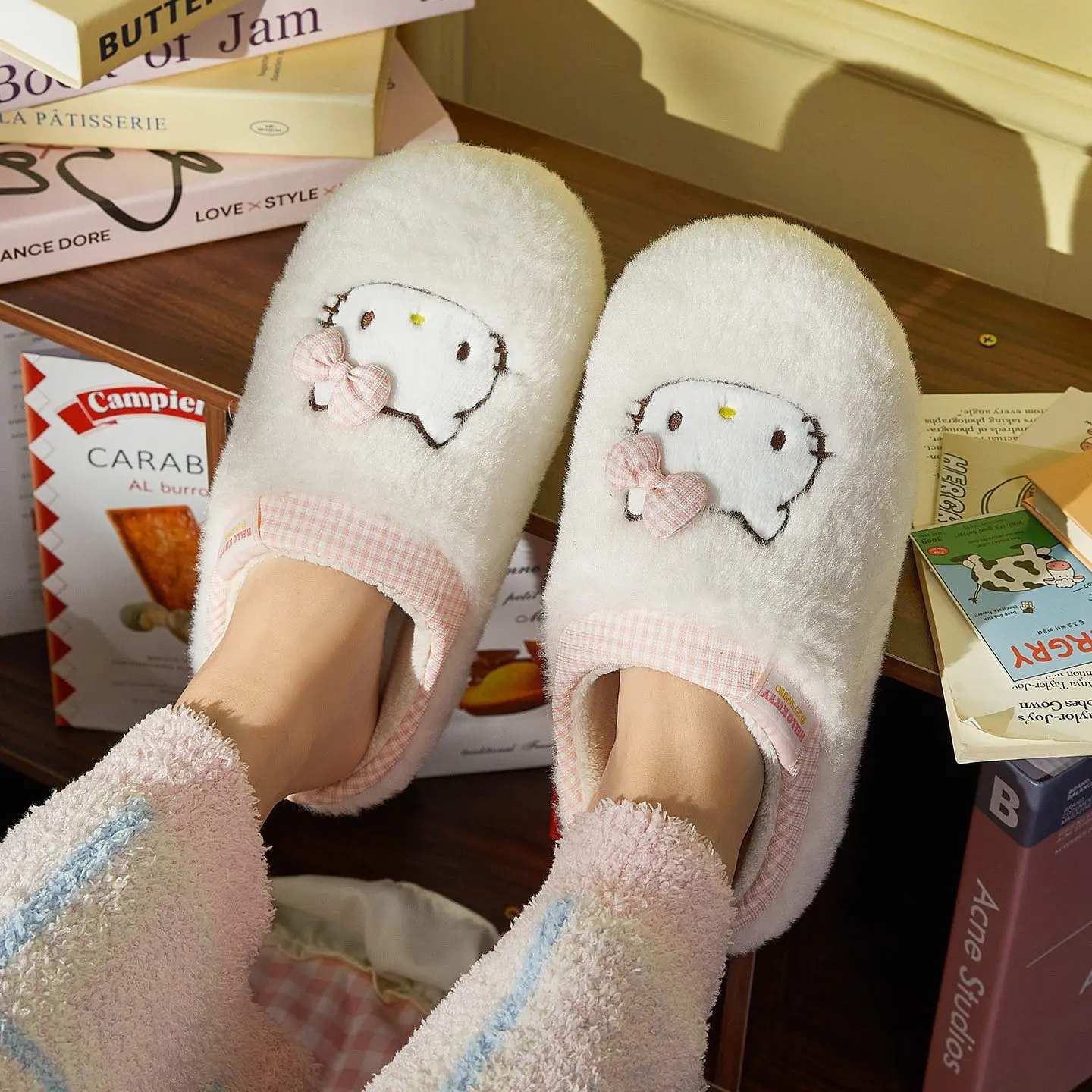 Kinder-Hausschuhe, Baumwolle, Hello Kitty, Winterschuhe für Mädchen, warm, rutschfest, weicher Boden, weiß, rosa, Schuhe, Größe 36–41