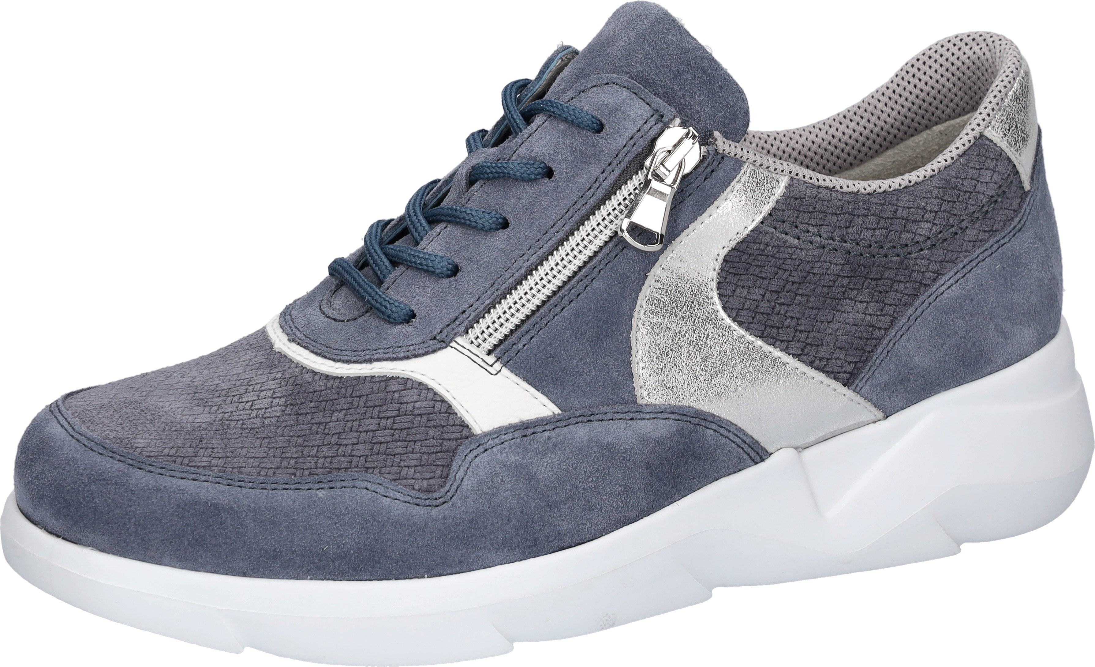 Sneaker WALDLÄUFER "K-FUNKY", Damen, Gr. 9 (43), jeansblau, äsilberfarben, weiß, Nappaleder, Veloursleder, unifarben mit Farbeinsatz, Schuhe Sneaker, Schnürschuh, Komfortschuh mit seitlichem Reißverschluss, K-Weite