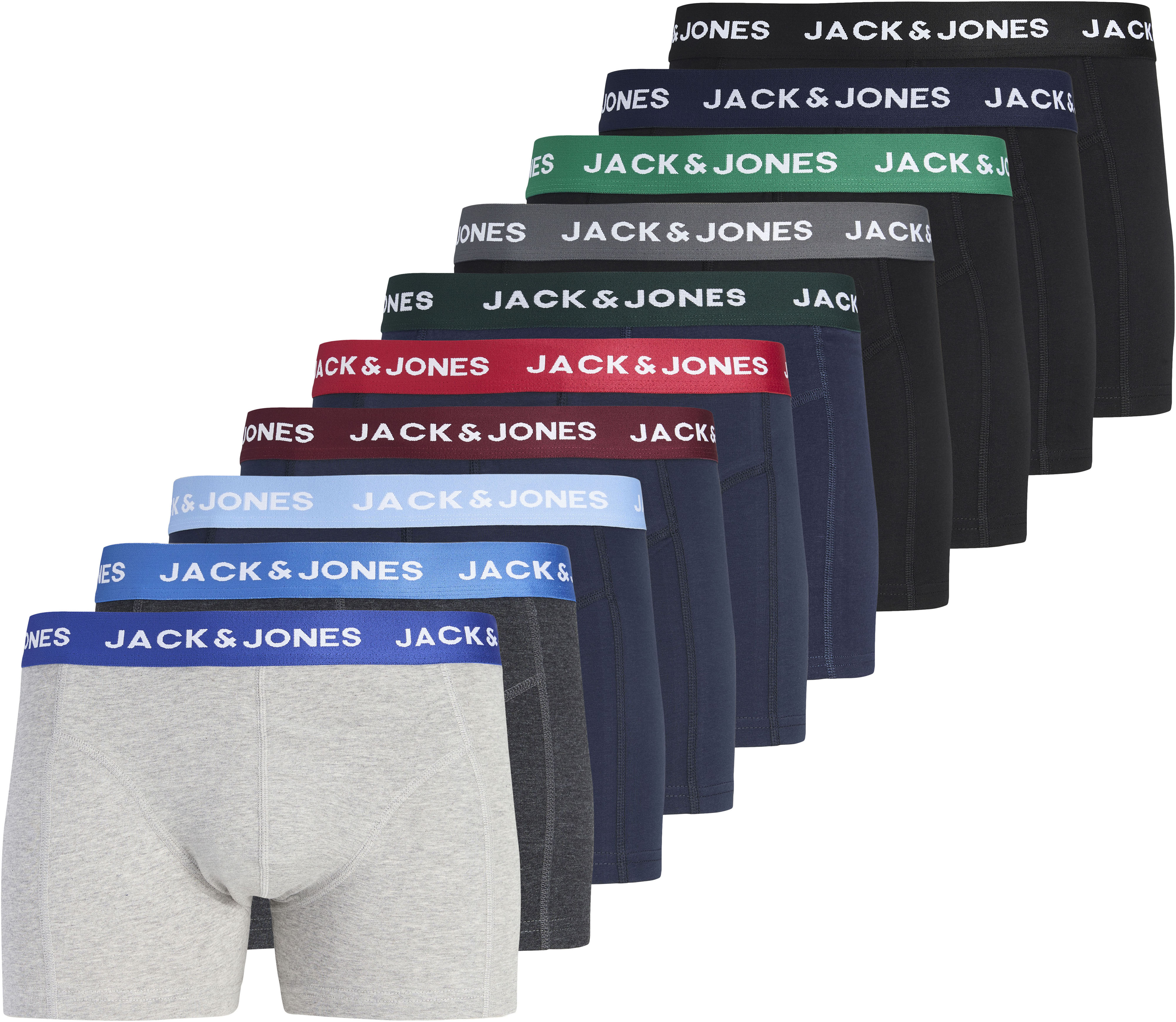 Trunk JACK & JONES "JACSOLID 10er-Pack, bequem, elastisch, ideal für jeden Tag", Herren, Gr. M, 10 Stk., schwarz pack:schwarz, navy blazer, navy blazer, dgm, lgm, navy blazer, navy blazer, schwarz, schwarz, Jersey, Obermaterial: 95% Baumwolle, 5%...