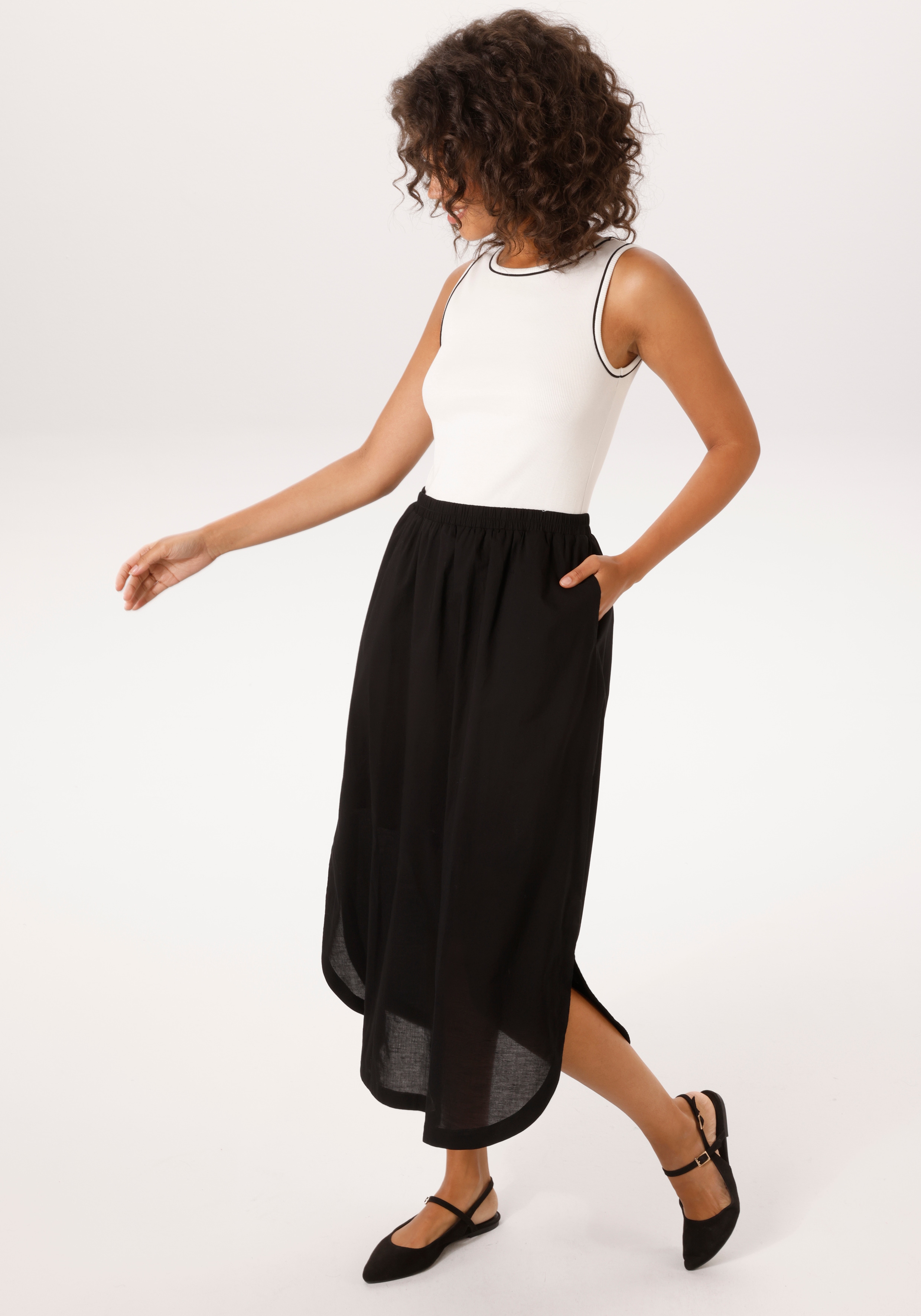 Sommerkleid ANISTON CASUAL, Damen, Gr. 40, N-Gr, schwarz, wollweiß, Rippware, Obermaterial: 95% Baumwolle, 5% Elasthan. Rock: 100% Baumwolle, colorblocking, figurbetont knöchelfrei, Rundhals, Kleider Sommerkleid, mit kontastfarbenen Pipings im...