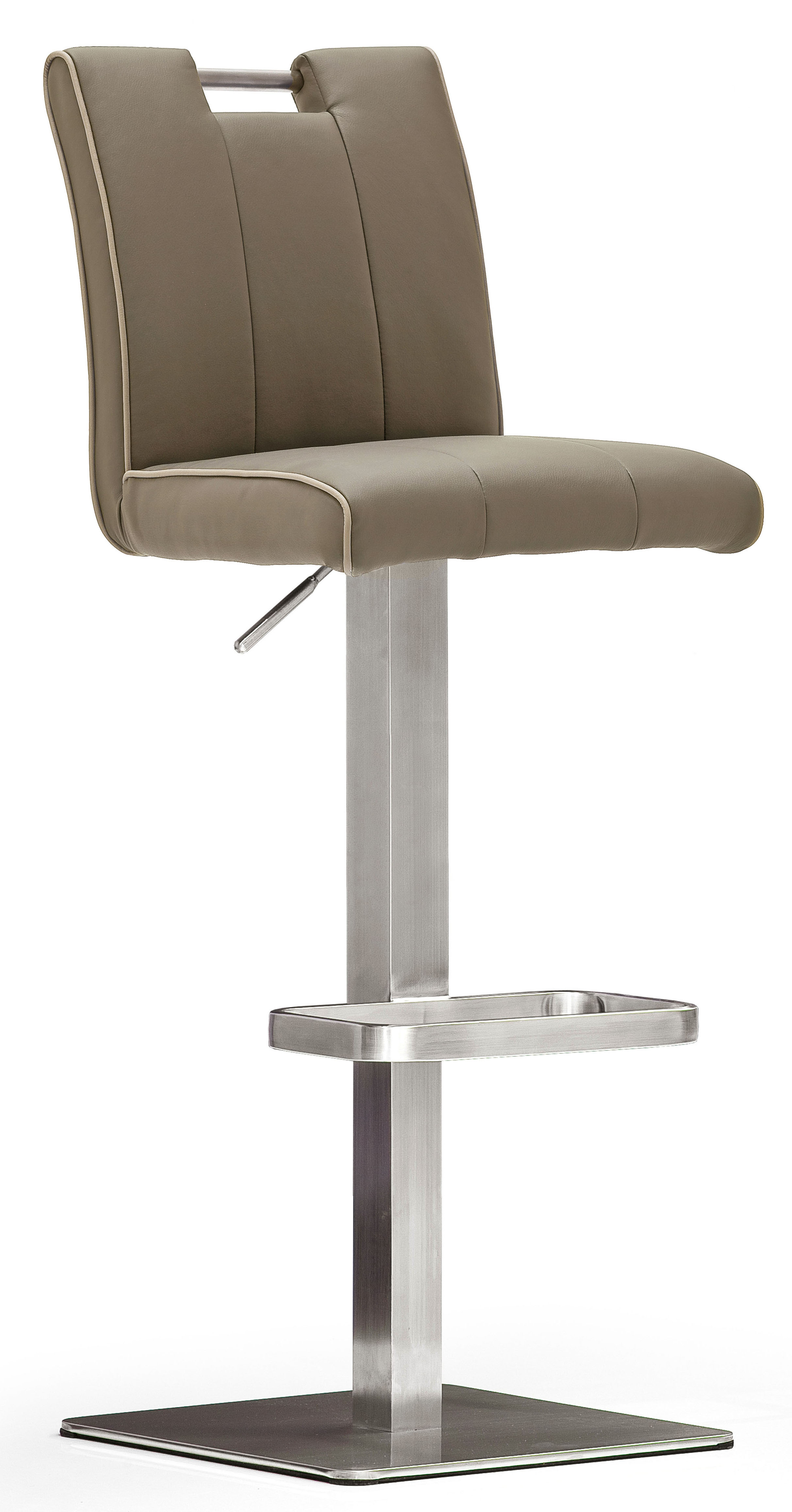 Bistrostuhl MCA FURNITURE "BARBECOOL Barhocker Bistrostuhl Tresenhocker", braun (cappuccino, edelstahl gebürstet), B:40cm H:89cm T:51cm, Leder, Stühle, Bistrostuhl, mit Rückenlehne, Bodenplatte eckig, 360 drehbar, Sitzhöhe von 55-80cm