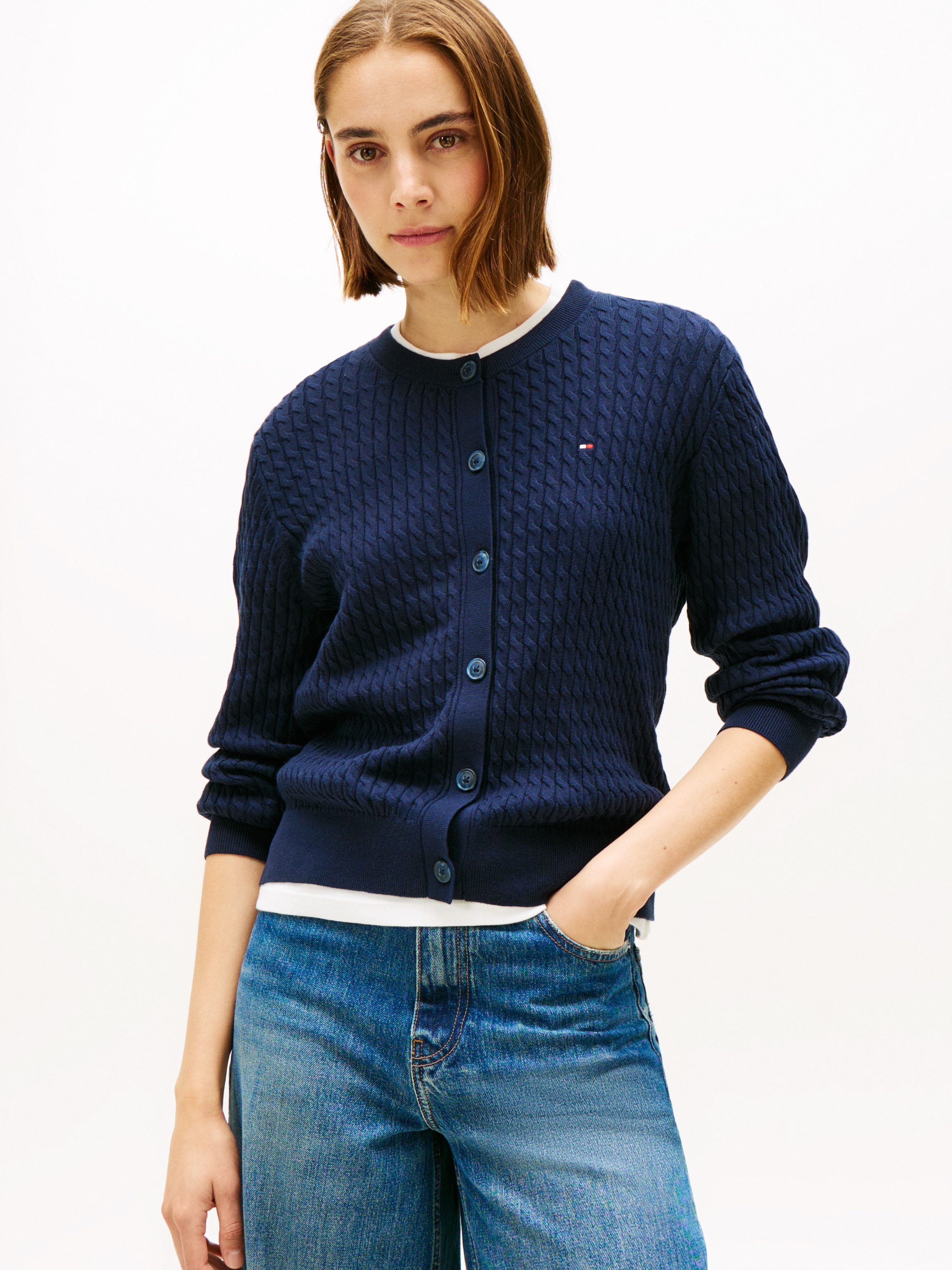 Strickjacke TOMMY HILFIGER, Damen, Gr. L (42/44), blau (schwarz night navy), Strick, Obermaterial: 100% Baumwolle, unifarben, normal normal, Rundhals, eingesetzt Rippstrickbündchen, Strickjacken Strickjacke, mit Zopfstrickmuster