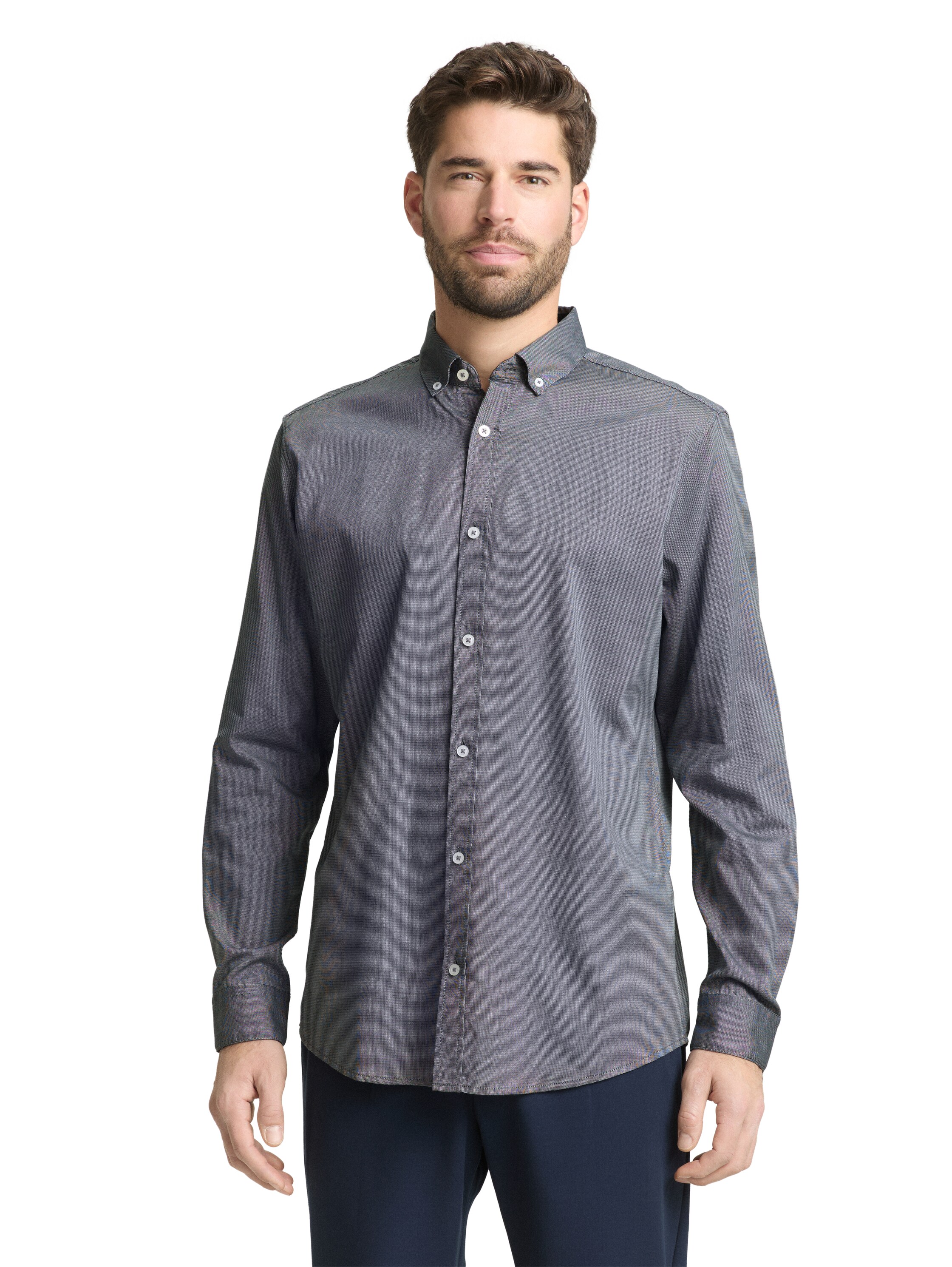 Langarmhemd TOM TAILOR, Herren, Gr. L, N-Gr, navy structure, Web, Obermaterial: 50% Baumwolle, 50% Lyocell, unifarben, regular fit normal, ohne Ausschnitt, Manschette, Hemden, mit Manschetten