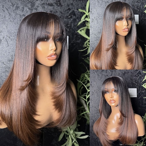 Echthaar 5x5 Verschluss 13x4 Spitzenfront Perücke Freier Scheitel Mit Pony Brasilianisches Haar Glatt Braun Natürlich Perücke 150% 180% Haardichte mit Babyhaaren Ombre-Haar Natürlicher Haaransatz Image