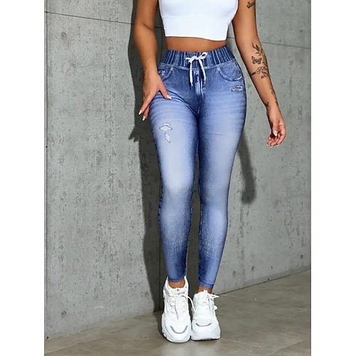 Damen Jeans Leggings Jeggings Urlaub Streetwear Basic Volle Länge Mittlere Taillenlinie Einfach Kordelzug Tasche Bequem Mikroelastisch Hohe Elastizität Täglich Heim Outdoor Blau Königliches Blau Image