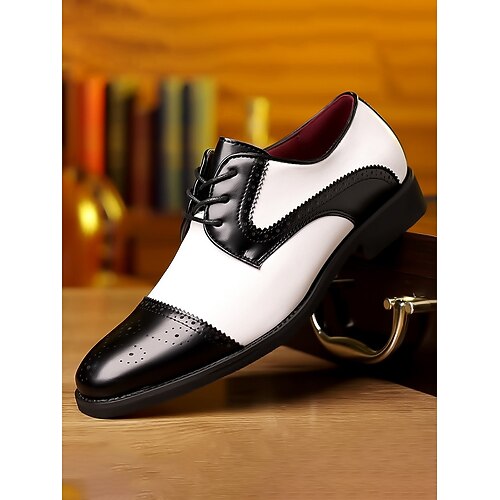 Schwarze und weiße Oxford-Schuhe für Herren aus Kunstleder, elegante Hochzeitsschuhe für Bräutigam und Hochzeitsgesellschaft Image