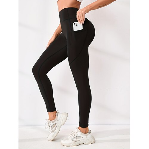 Damen Hose Leggings Mode Streetwear Basic Volle Länge Hohe Taille Einfach Tasche Elastischer Bund Komfort Hohe Elastizität Täglich Fitnessstudio Laufen Schwarz Burgunderrot Marineblau Militßrgrün Image