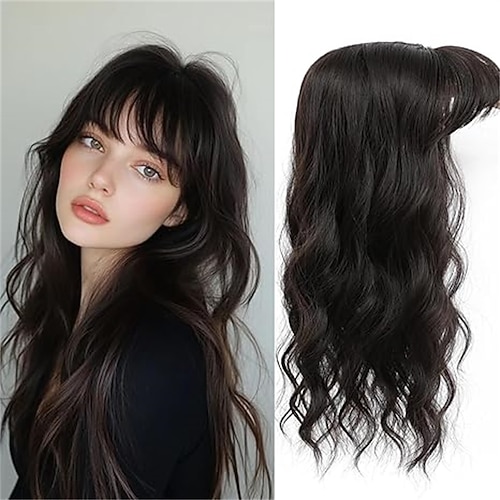 Haarteil 360 3D-Haarteile für Frauen mit lichtem Haaransatz, 50 cm lange, gewellte, lockige Haarteile, Clip-in-Pony, dunkelbraun-kastanienbraun gemischt, 50 cm langer französischer Pony Image