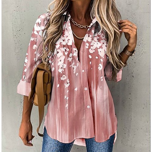 Chiffon-Hemd für Damen mit leichtem Farbverlauf und Blumendruck, lässig, Button-Down, lange Ärmel, Reverskragen, Oberteile, Bluse, atmungsaktiv, entspannte Passform, mehrere Größen Image
