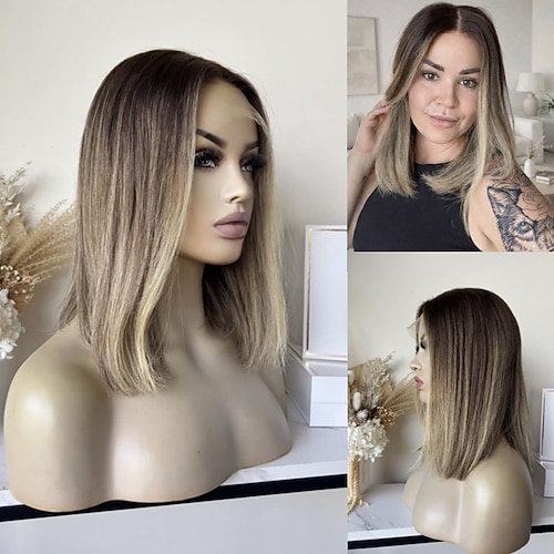 Brasilianische Echthaarperücke, 5x5 Closure, 13x4 Lace Front Perücke, kurzer Bob, kleberlos, glatt, aschblond mit braunen Ombré-Highlights für Damen Image
