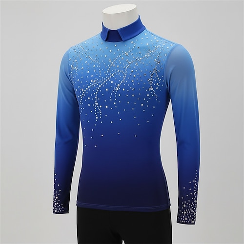 Eiskunstlauf Top Herren Eislaufen Oberteile Königsblau Patchwork Dehnbar Training Wettbewerb Eiskunstlaufkleidung Klassisch Kristall / Strass Langarm Eislaufen Eiskundstlauf Image