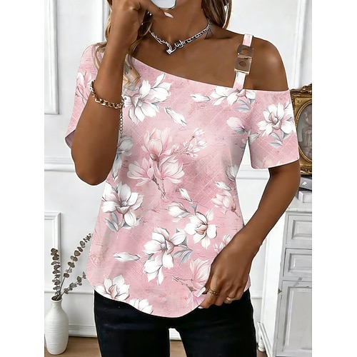 Damen T Shirt T-Shirt Druck Blumen Grafik Stilvoll Klassisch Lässig Kurzarm Asymmetrischer Ausschnitt Normale Oberteile Täglich Ausgehen Wochenende Hellgrün Rosa Orange Grün Grau Sommer Frühling Image