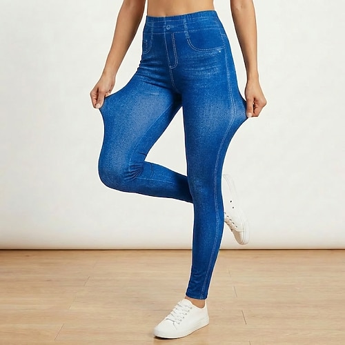 damen mode strumpfhose leggings knöchellang hose lässig wochenende dehnbar einfarbig bauchkontrolle po-lift hohe taille skinny blau 2xl Image