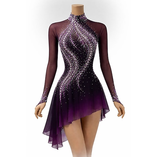 Eiskunstlaufkleid Damen Eislaufen Kleid Violett Patchwork Asymmetrischer Saum Dehnbar Training Wettbewerb Eiskunstlaufkleidung Klassisch Kristall / Strass Langarm Eislaufen Eiskundstlauf Image
