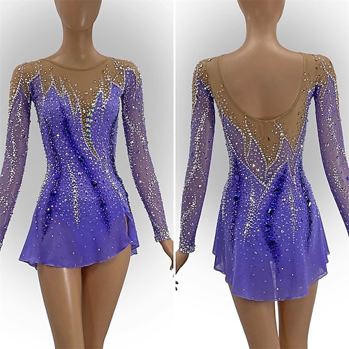 Eiskunstlaufkleid Damen Eislaufen Kleid Violett Patchwork Offener Rücken Dehnbar Training Wettbewerb Eiskunstlaufkleidung Klassisch Kristall / Strass Langarm Eislaufen Eiskundstlauf Image