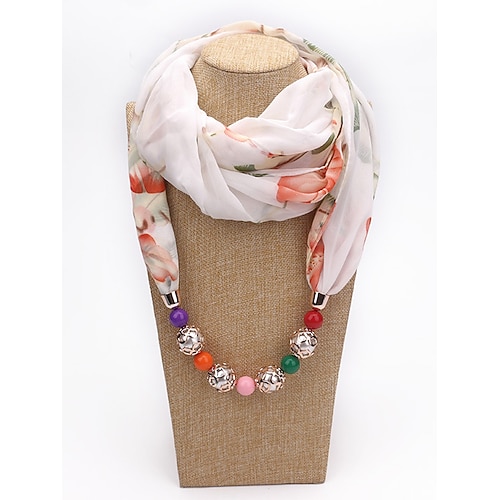 Boho-Chiffon-Schal mit Perlenanhänger, weicher, geblümter Polyester-Schal mit Perlenanhänger, leichtes Modeaccessoire für Damen, perfekt für Alltag, Urlaub und Reisen Image