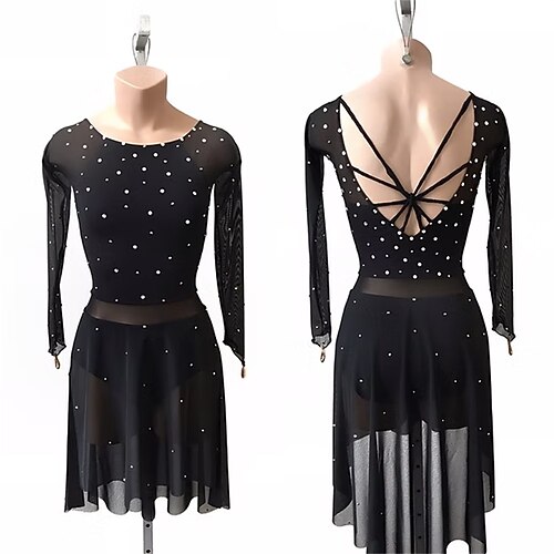 Eiskunstlauf Fleecejacke Eiskunstlaufkleid Damen Eislaufen Kleid Schwarz Patchwork Offener Rücken Dehnbar Training Wettbewerb Eiskunstlaufkleidung Klassisch Kristall / Strass Langarm Eislaufen Image