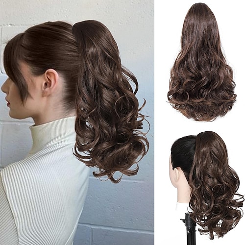 16 Zoll lange, gewellte und lockige Pferdeschwanz-Haarverlängerung mit Kordelzug, synthetische Haarverlängerung mit Kordelzug für den täglichen Gebrauch. Image