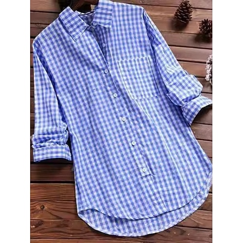 Damen Bluse Knöpfe Druck Karomuster Stilvoll Lässig Langarm Hemdkragen Lange Oberteile Täglich Blau Schwarz Rosa Rote Marineblau Frühling Herbst Image