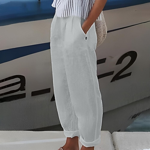 Damen Übergröße Shorts aus Baumwollleinen Leinen-inspirierte Hosen Gefütterte Shorts Sommerhose Einfach Lässig Komfort Lang Natürliche Taille Einfarbig Mikroelastisch Heim Straße Blau Weiß Grün Khaki Image