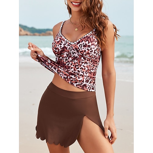 Damen Badeanzug Tankini Zweiteilig Rock Bademode Bauchkontrolle Hohe Taille Schlank Rückenfrei Urlaub Strandbekleidung Blumen Leopard V Ausschnitt Ärmellos Badeanzüge Image