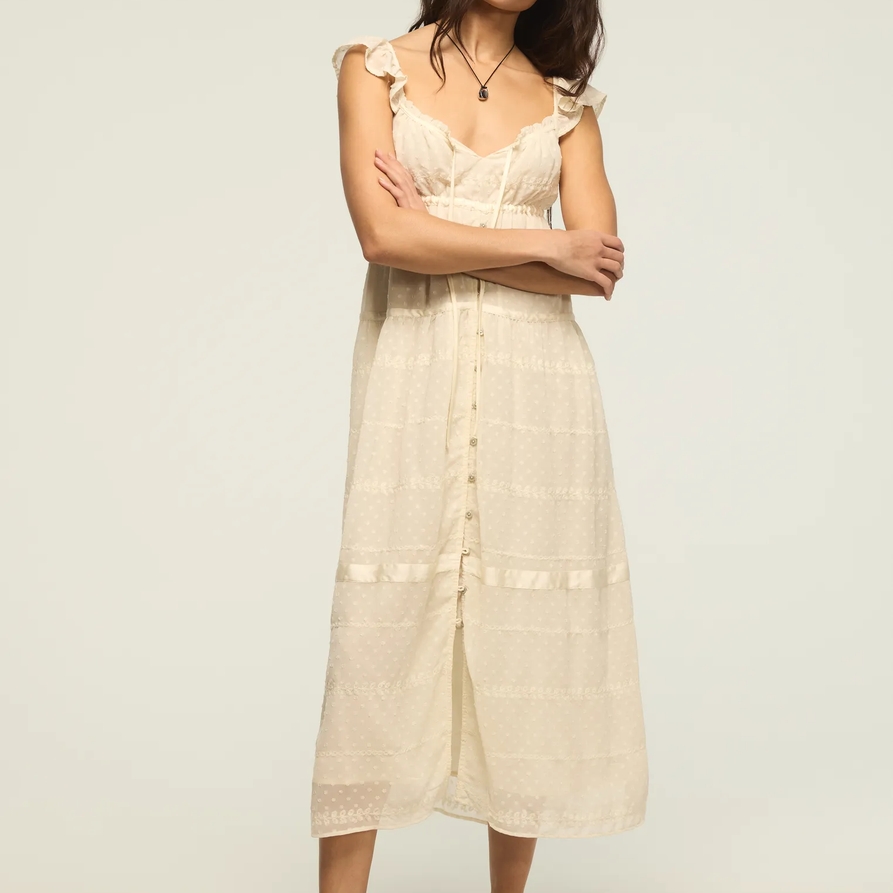 Lucky Brand Easy Tiered Button Through Maxi Dress - Women's Clothing Dresses Maxi Dress in Cream, Size L