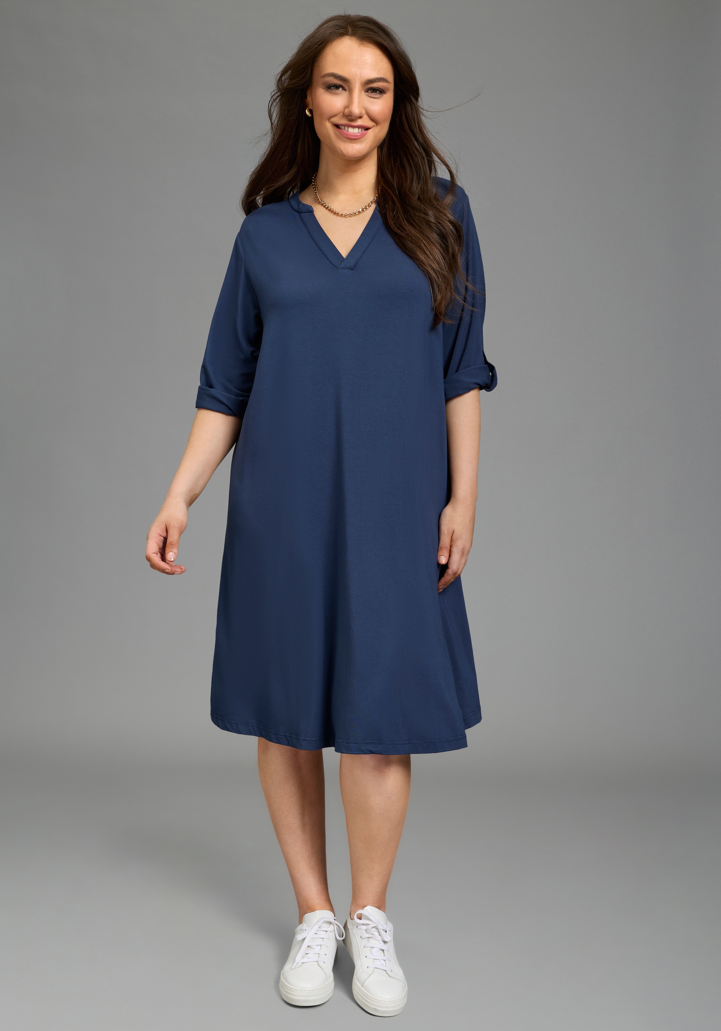 Jerseykleid LAURA SCOTT CURVE, Damen, Gr. 52, N-Gr, navy, Single Jersey, Obermaterial: 95% Viskose, 5% Elasthan, unifarben, A-Linie kniefrei, Rundhals, krempelbar, Kleider Jerseykleid, kniefrei, 3/4-Ärmel mit krempelbarem Abschluss