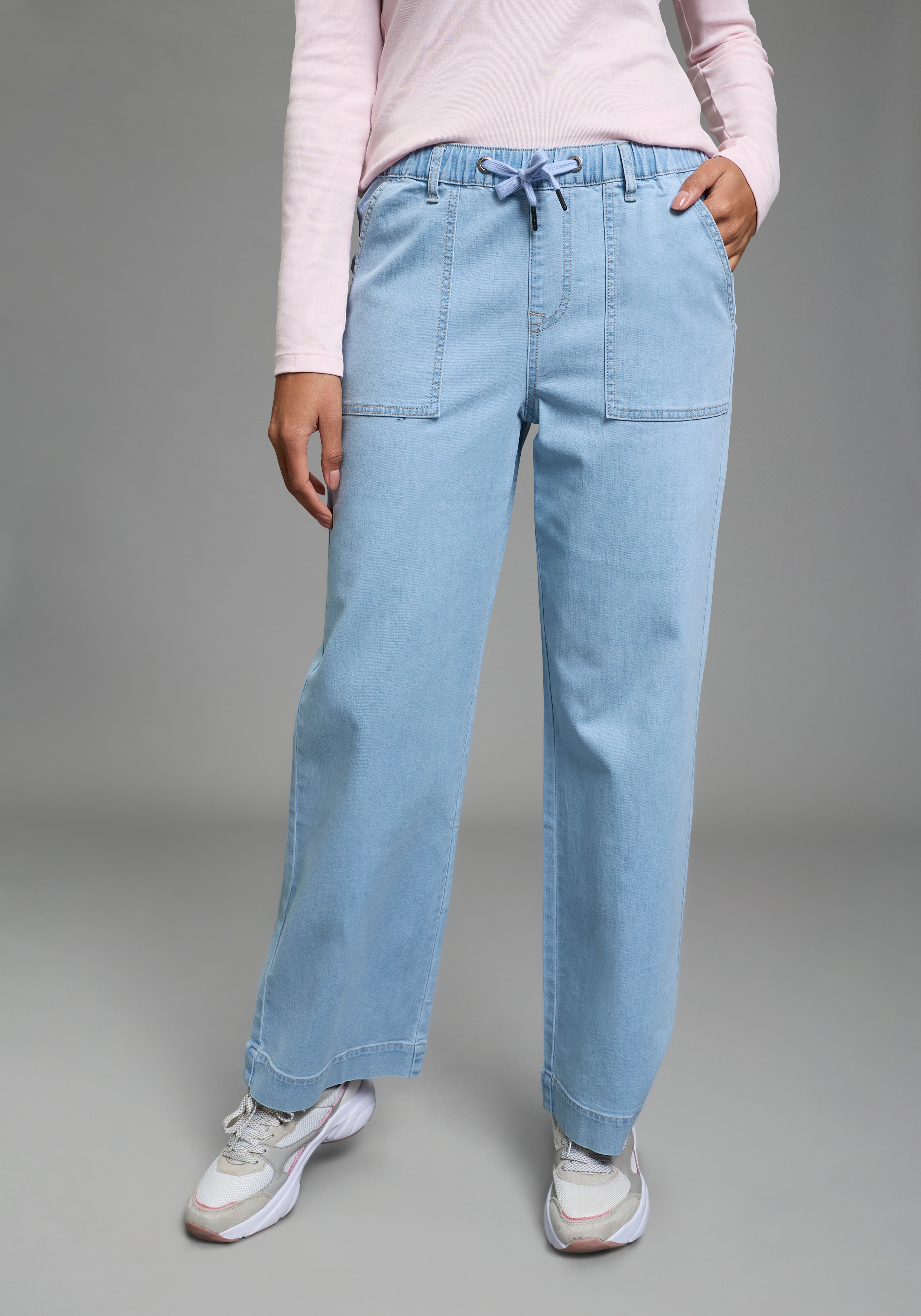 Weite Jeans KANGAROOS, Damen, Gr. 19, K + L Gr, light blau used, Denim/Jeans, Obermaterial: 68% Baumwolle, 19% Polyester, 12% Lyocell, 1% Elasthan, unifarben, normal knöchellang, Jeans, weite Beinweite, normale Leibhöhe, knöchellanger Schnitt